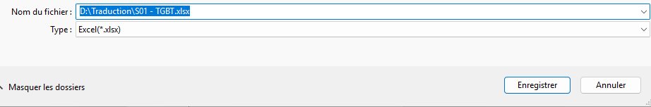 Choisir le nom et l’emplacement du fichier Excel pour l’export AutoCAD attributs