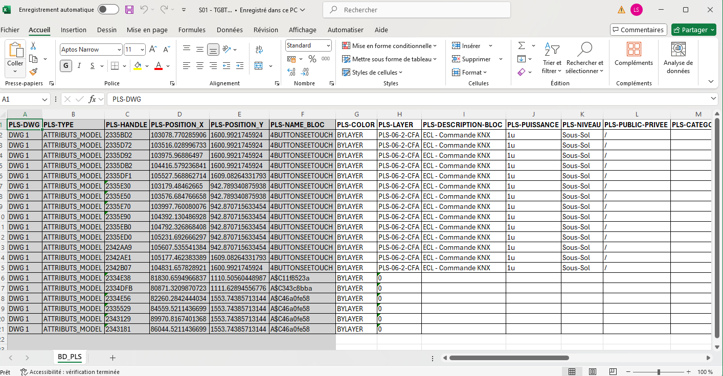 Modifier et contrôler les attributs AutoCAD dans le fichier Excel généré