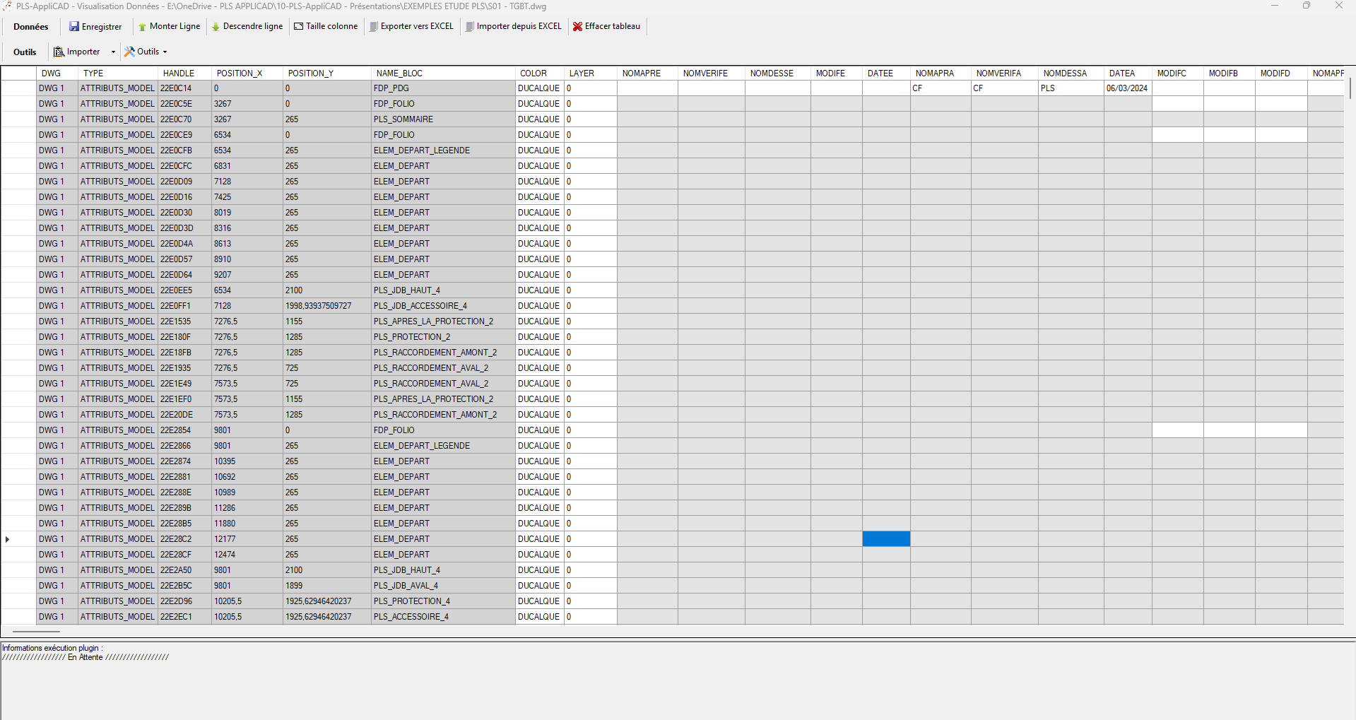 Tableau éditable contenant les données du DWG