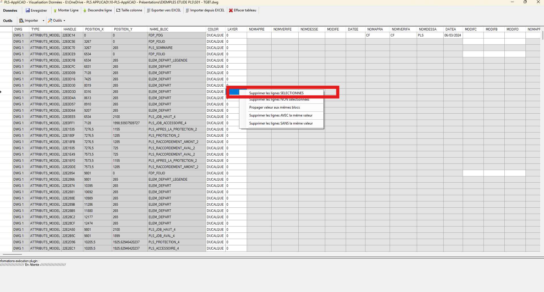 Suppression des lignes sélectionnées dans le tableau sans modifier le DWG