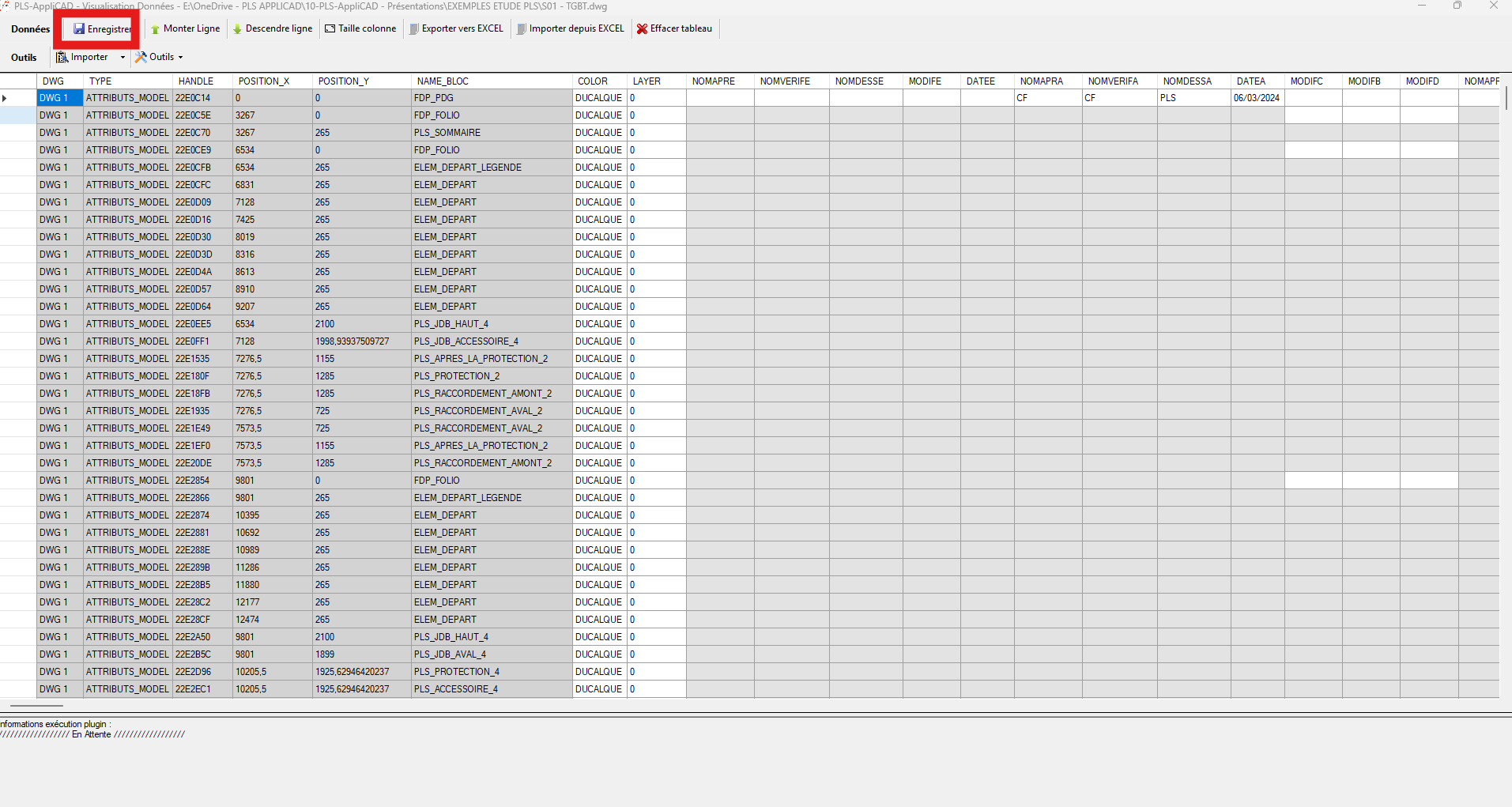Bouton Enregistrer pour appliquer les changements au DWG