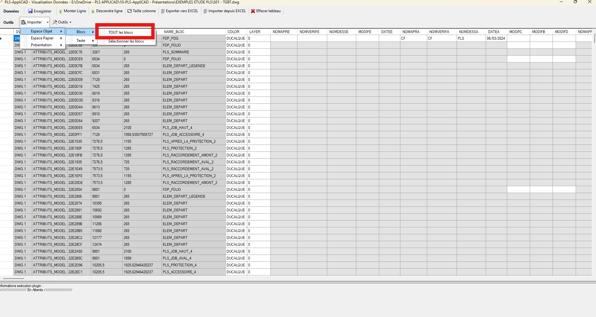 Import de tous les blocs de l'espace objet dans le tableau