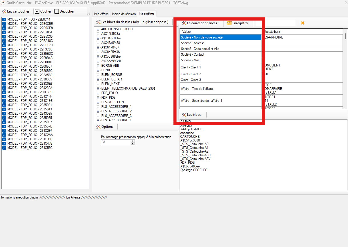Onglet Paramètres avec liste des blocs et attributs