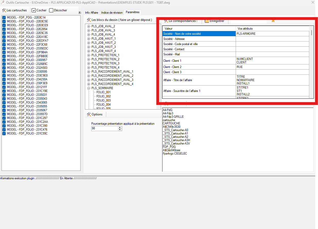 Champs grisés et boîte de confirmation d'enregistrement du DWG