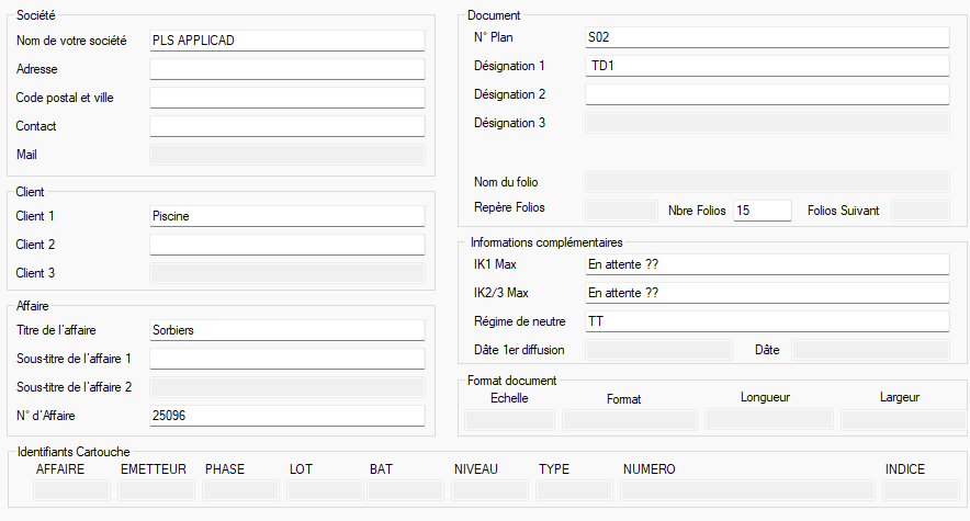 Champs de saisie liés aux attributs des cartouches