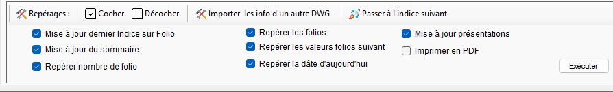 Zone Repérages avec cases à cocher et bouton Exécuter