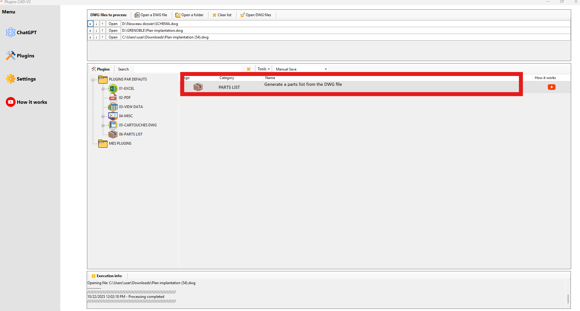 Fenêtre de génération de la nomenclature depuis le DWG