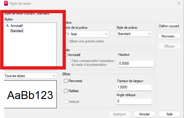 Analyse des styles de texte dans l'espace objet et dans les blocs